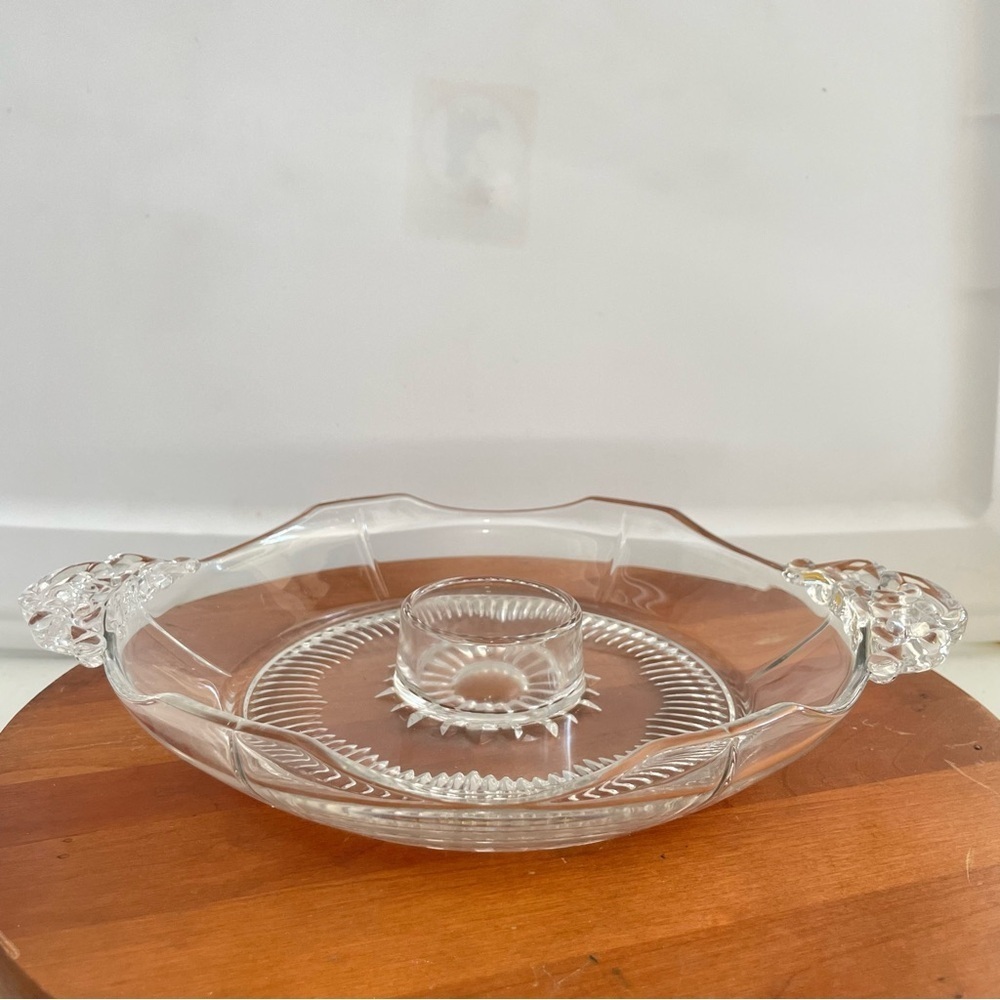 Vintage Clear Glass Relish Tray with Center Dip Bowl & Elegant Handles